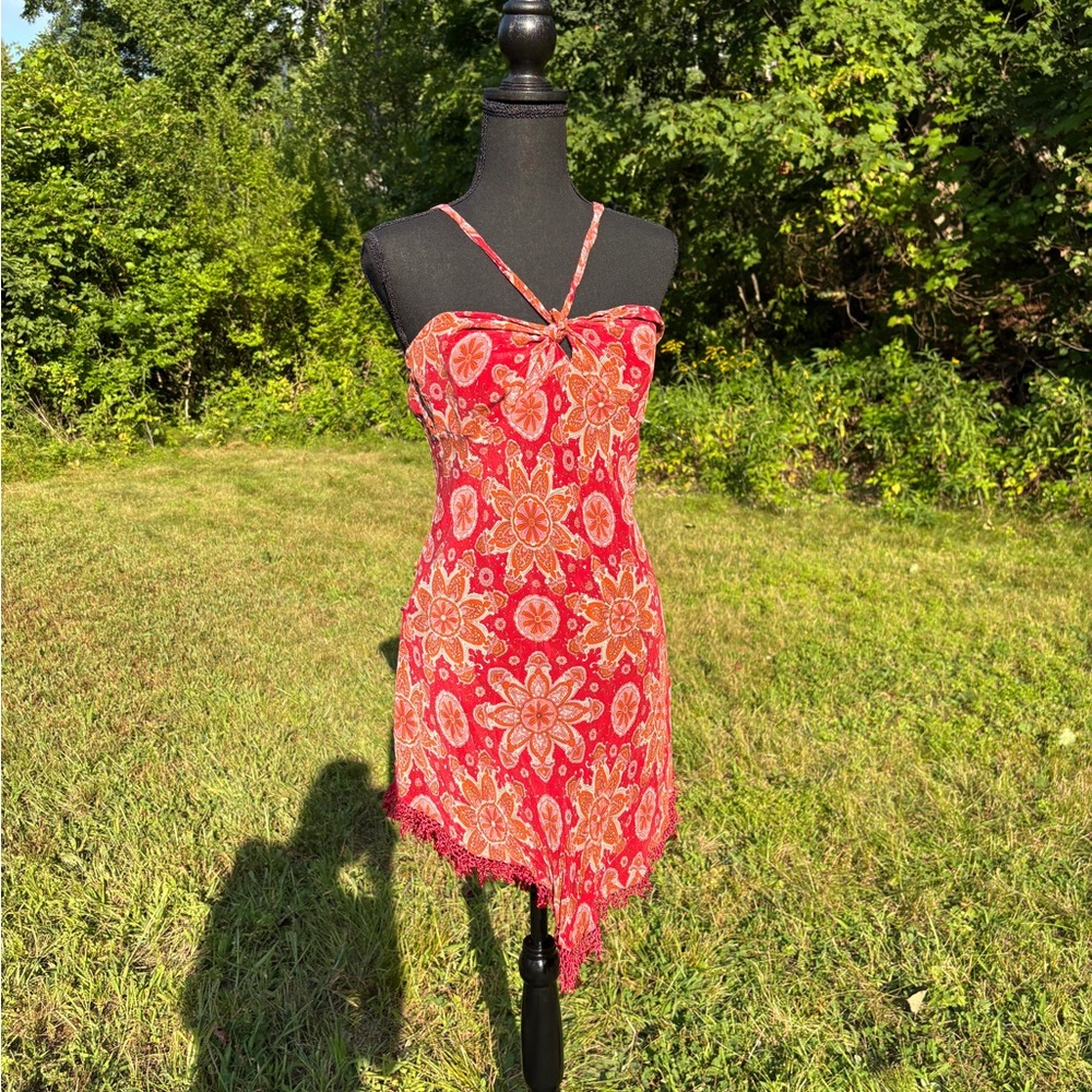 Vibrant Floral Mini Dress in Red and Orange